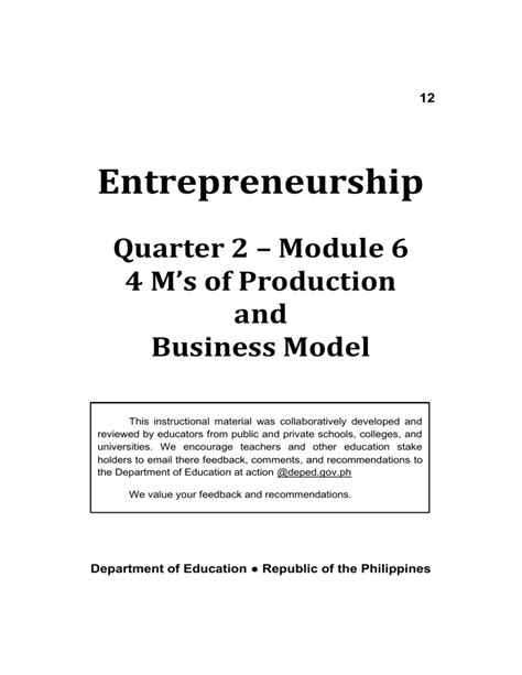 Entrepreneurship Module: 4 M’s of Production and Business Model.
